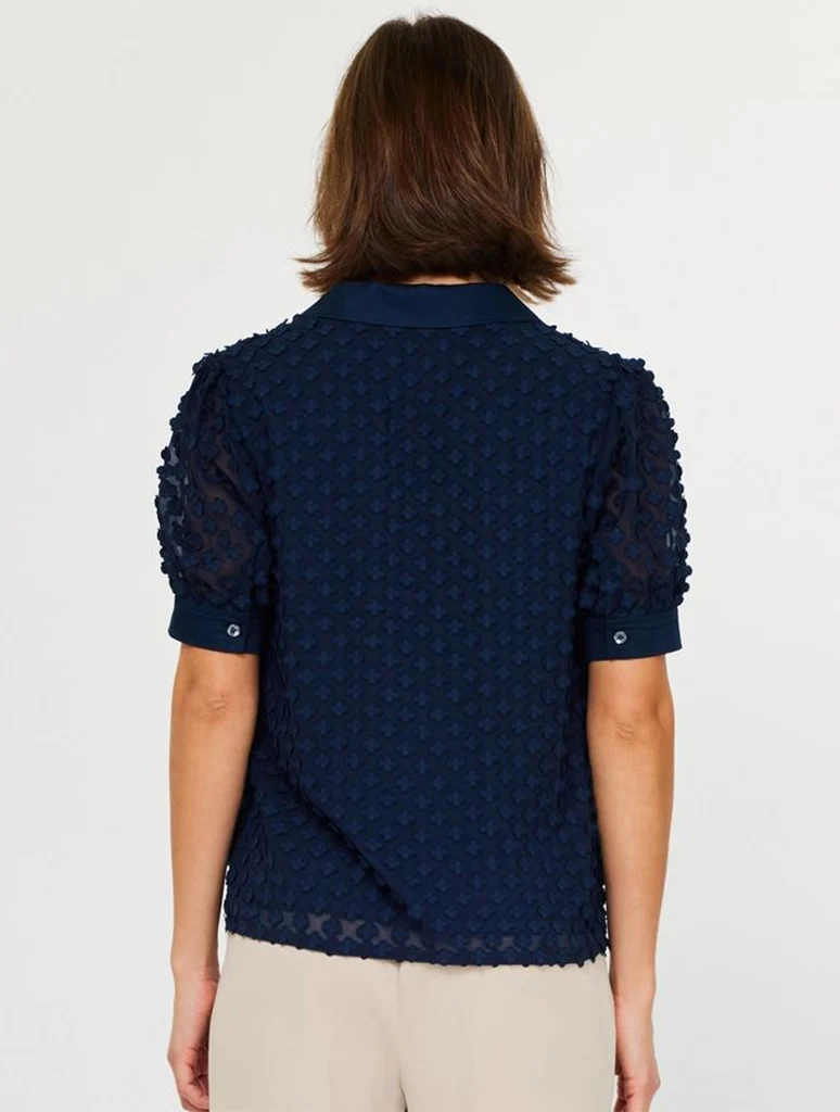 3D Floral Short Sleeve Button Down Blouse - Image 3