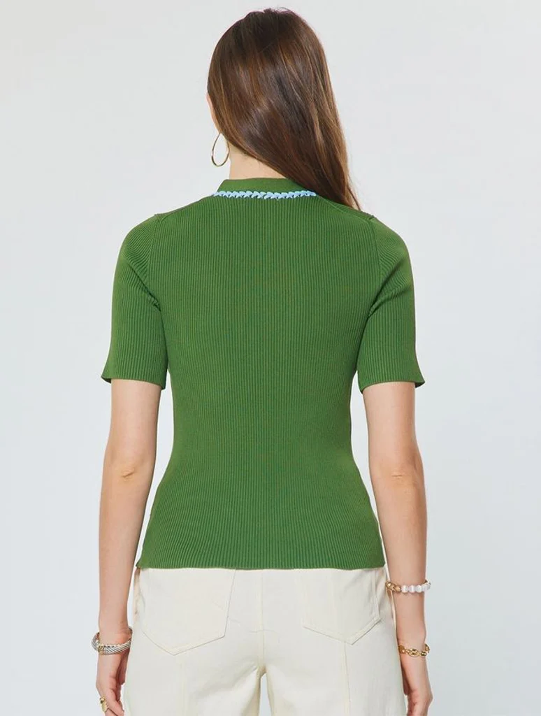 Braided V-Neck Ribbed Short Sleeve Sweater - Image 3