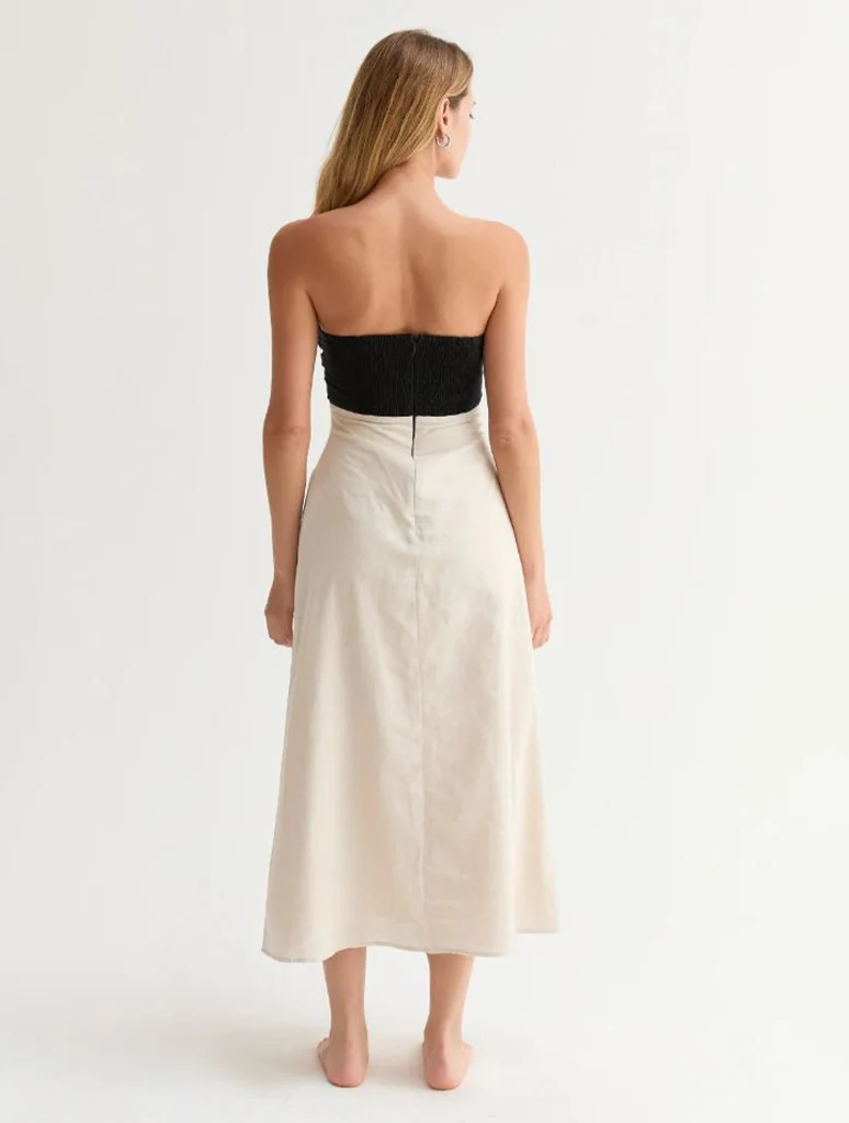 Emery Linen Colorblock Front Twist Strapless Midi Dress - Image 2