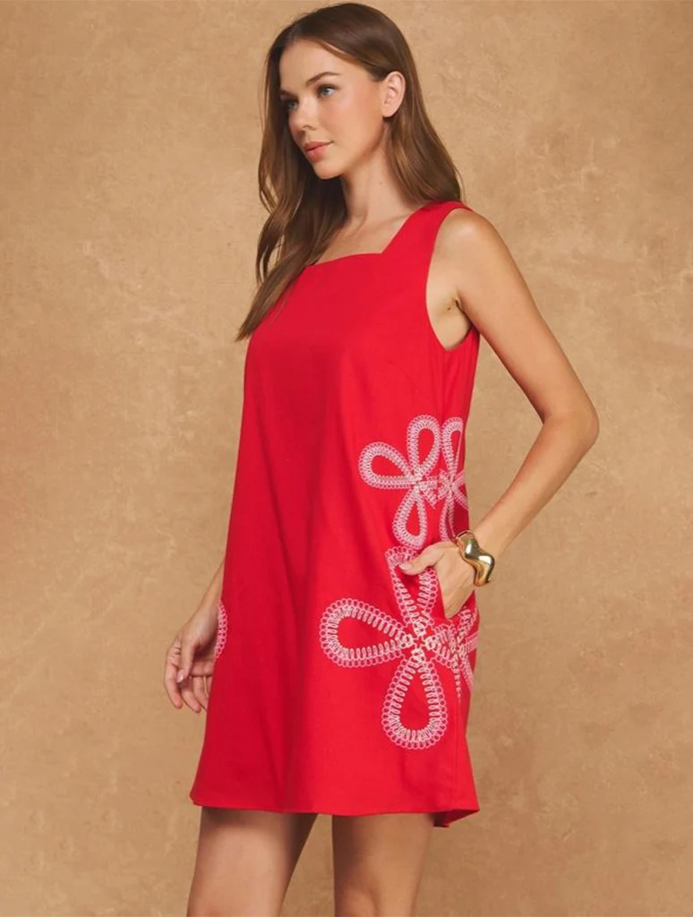 Floral Embroidered Sleeveless Linen Mini Dress - Image 2
