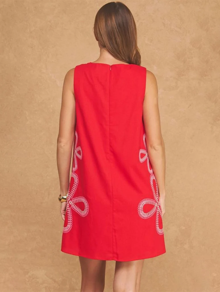 Floral Embroidered Sleeveless Linen Mini Dress - Image 3