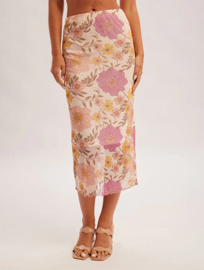 Floral Mesh Midi Skirt
