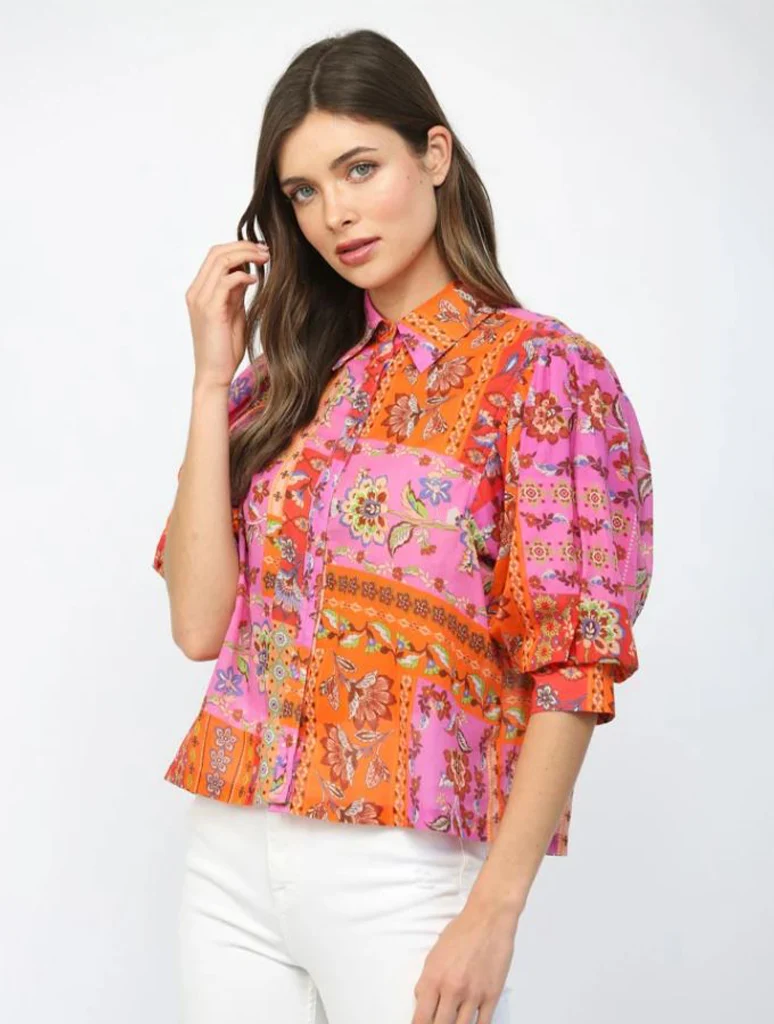 Floral Motif Patchwork Print Short Sleeve Blouse - Image 2