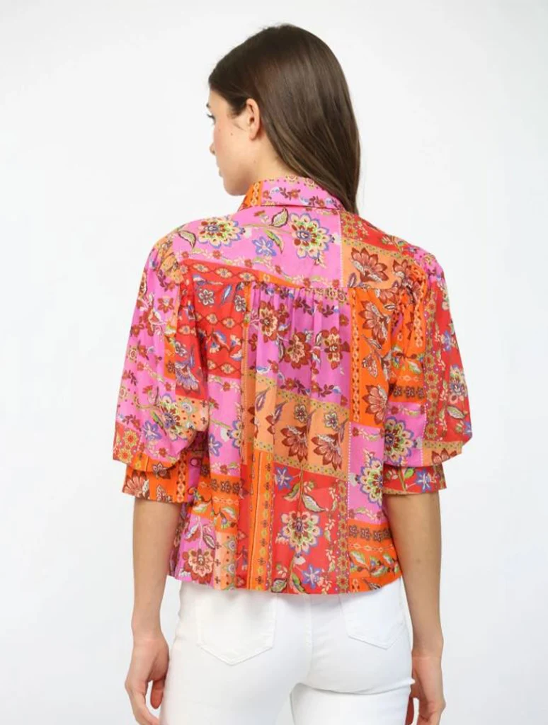 Floral Motif Patchwork Print Short Sleeve Blouse - Image 3