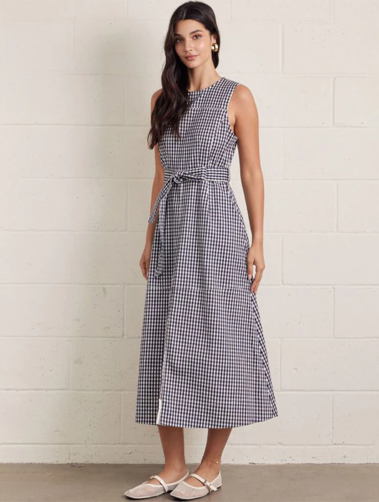 Gingham Sleeveless Midi Dress with Self-Tie Waist Detail