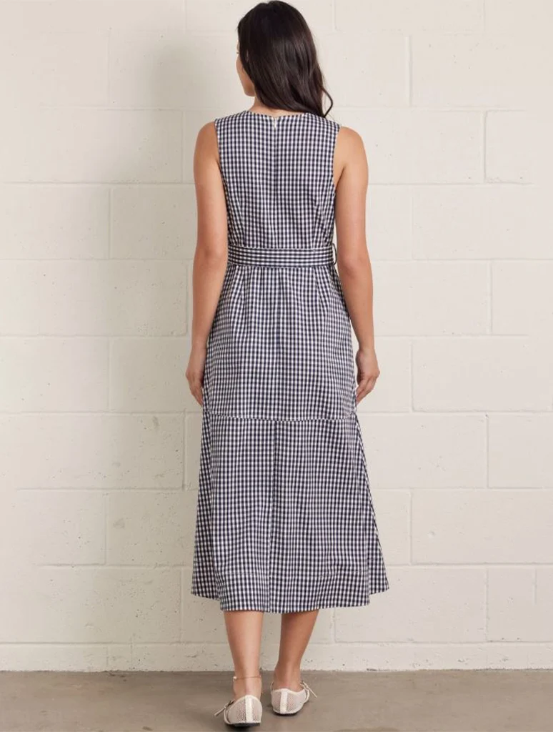 Gingham Sleeveless Midi Dress with Self-Tie Waist Detail - Image 3