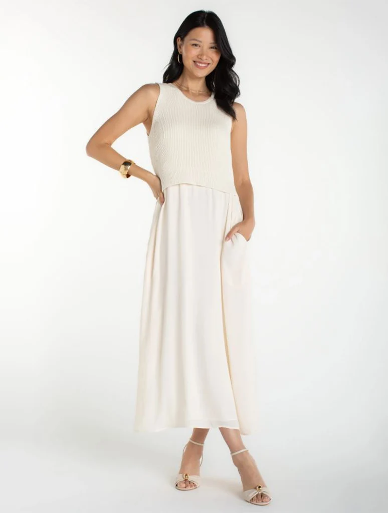 Liverpool Sleeveless Crewneck Tie-Back Sweater Woven Dress