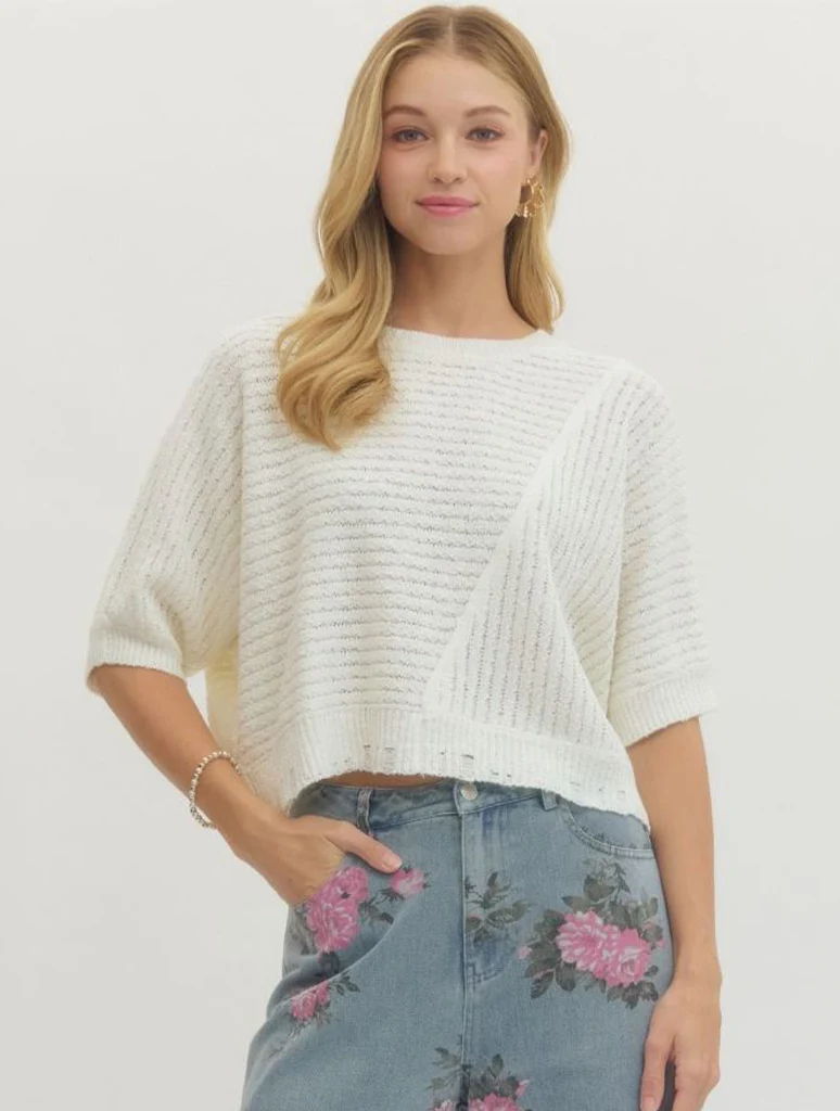 Mixed Ribbed Texture Short Sleeve Knit Top