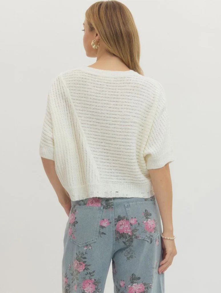 Mixed Ribbed Texture Short Sleeve Knit Top - Image 3