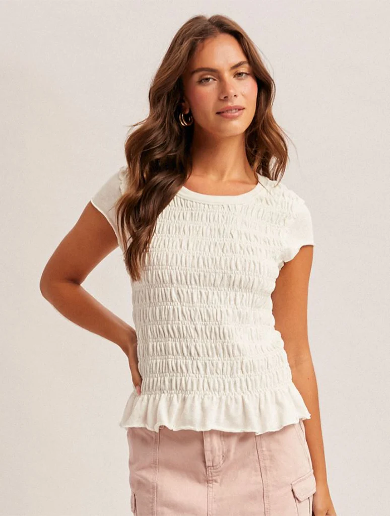 Ruched Cap Sleeve T-Shirt With Ruffle Hem