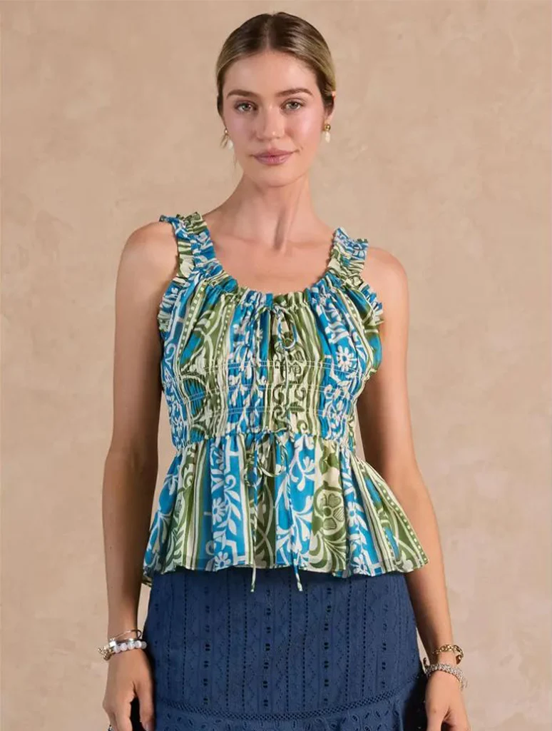 Ruffled Sweetheart Sleeveless Peplum Top with Smocked Waist