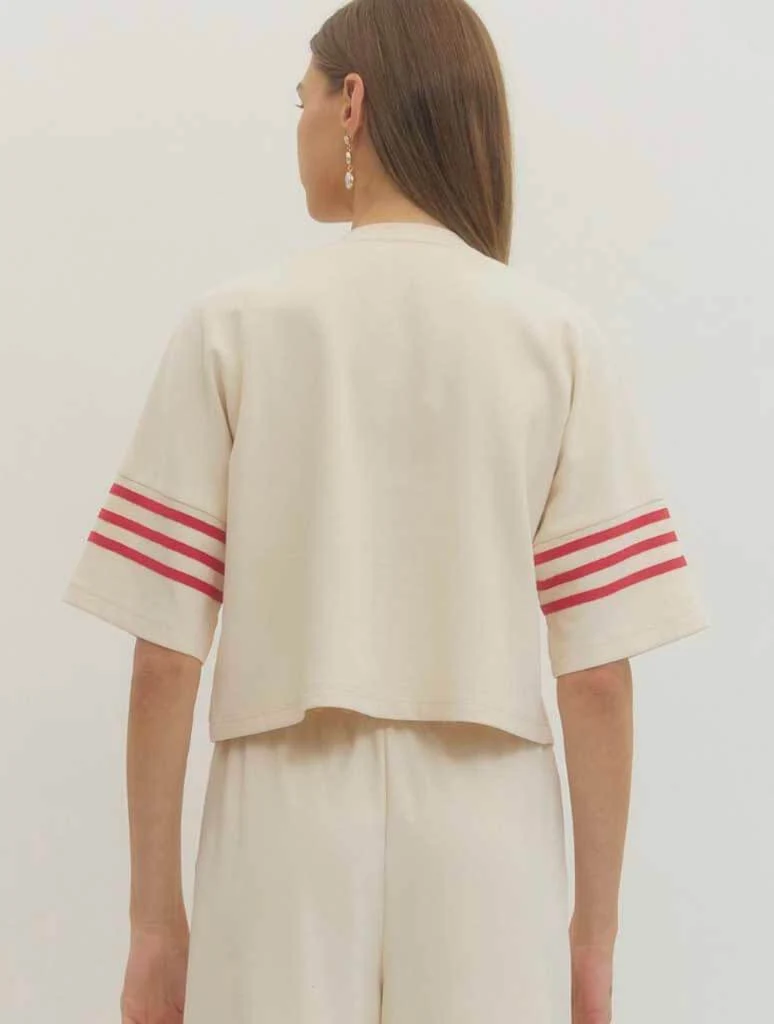 Solid Crew Neck Tee with Contrast Stripe Sleeve Detail - Image 6