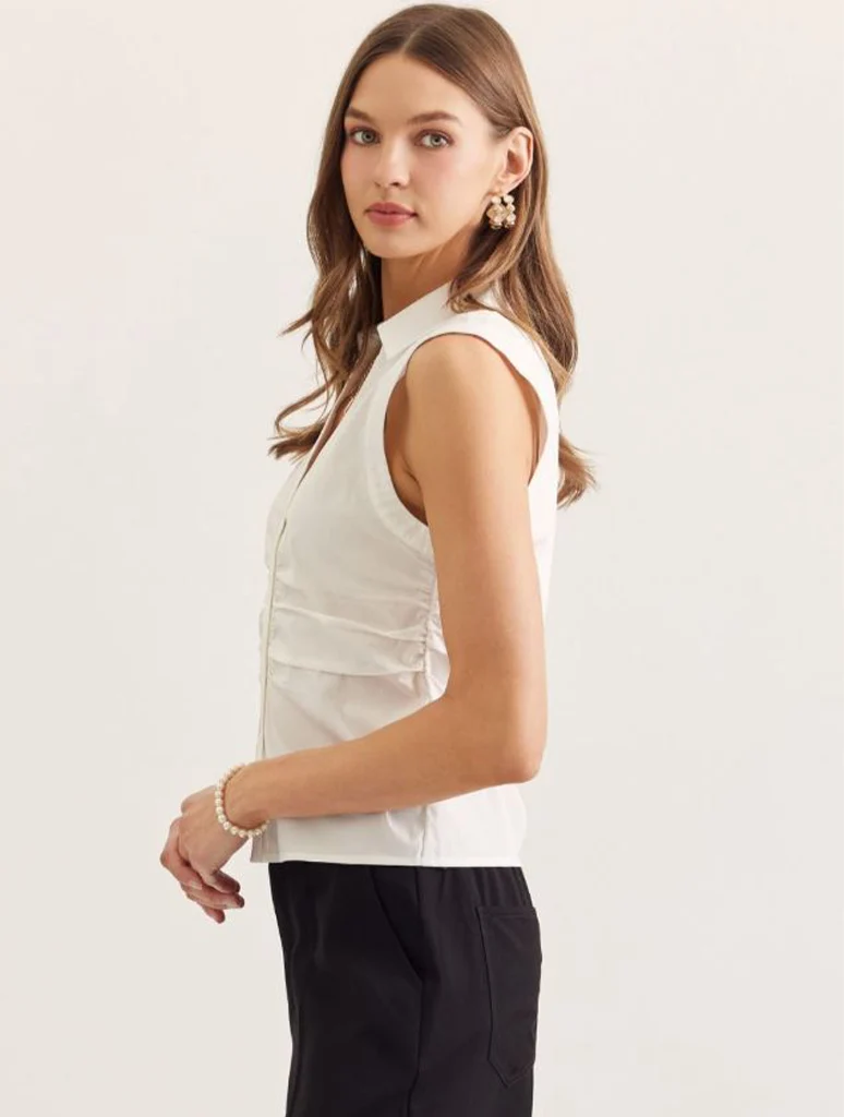 Solid Sleeveless Collared Ruched V-Neck Top - Image 2